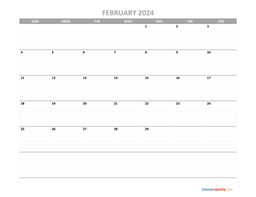 February Blank Calendar 2024 with Notes | Calendar Quickly