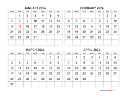 January April Four Months 2024 Calendar 