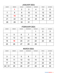 January to March 2024 Calendar