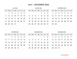 july to december 2024 calendar horizontal