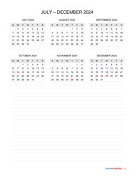 july to december 2024 calendar with notes