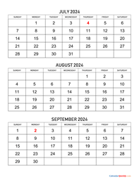 July to September 2024 Calendar