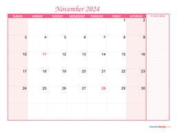 November Blank Calendar 2024 with Notes | Calendar Quickly