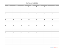 October Monday Calendar 2024 with Notes | Calendar Quickly