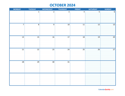 October Monday 2024 Blank Calendar