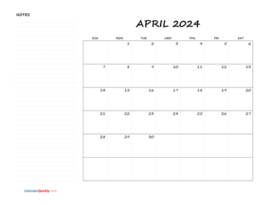 April Blank Calendar 2024 with Notes