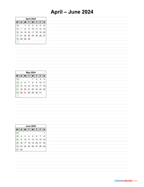 April to June 2024 Calendar with Notes