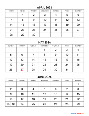 April to June 2024 Calendar Vertical