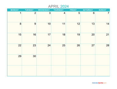 April Monday 2024 Calendar Printable