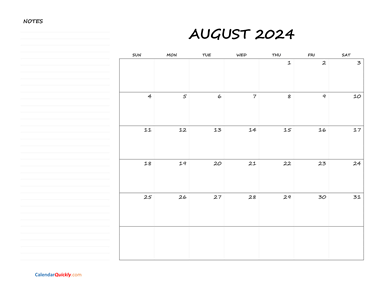 August Blank Calendar 2024 with Notes