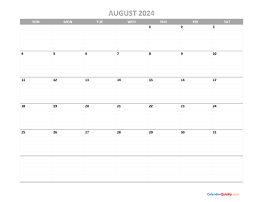 August Calendar 2024 Printable