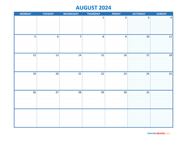 August Monday 2024 Blank Calendar