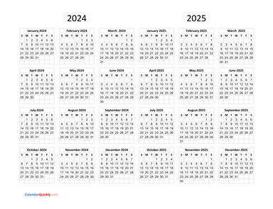 Calendar 2024 and 2025 on One Page