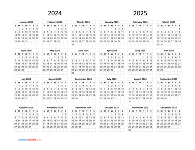 Calendar 2024 and 2025 on One Page | Calendar Quickly