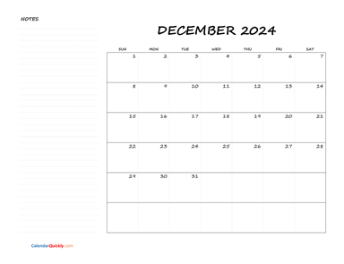 December Blank Calendar 2024 with Notes