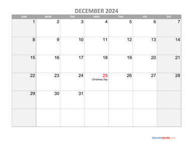 December Calendar 2024 with Holidays