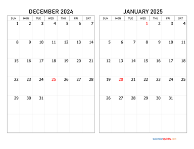 December 2024 and January 2025 Calendar Horizontal