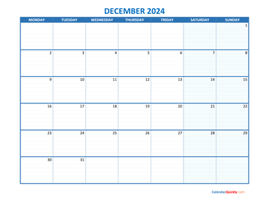 December Monday 2024 Blank Calendar