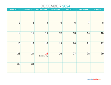 December Monday 2024 Calendar Printable