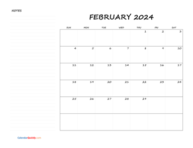 February Blank Calendar 2024 with Notes