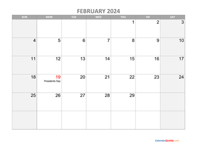 February Calendar 2024 with Holidays