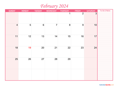 February Calendar 2024 with Notes