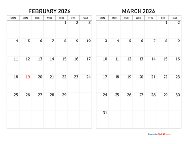 February and March 2024 Calendar Horizontal