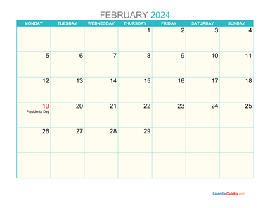 February Monday 2024 Calendar Printable