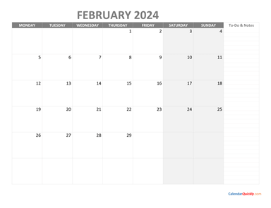 February Monday Calendar 2024 with Notes