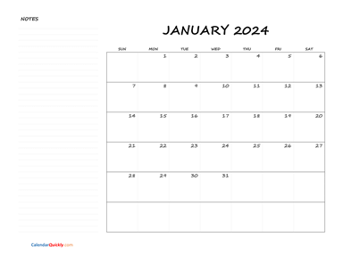 January Blank Calendar 2024 with Notes