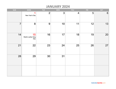 January Calendar 2024 with Holidays
