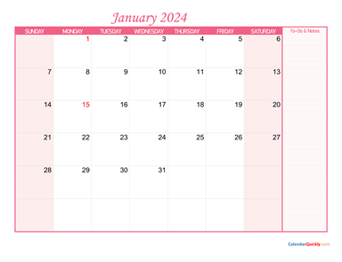 January Calendar 2024 with Notes