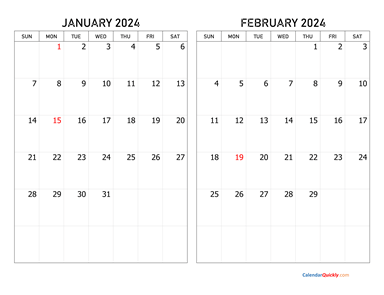 January and February 2024 Calendar Horizontal