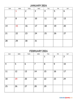 January and February 2024 Calendar Vertical