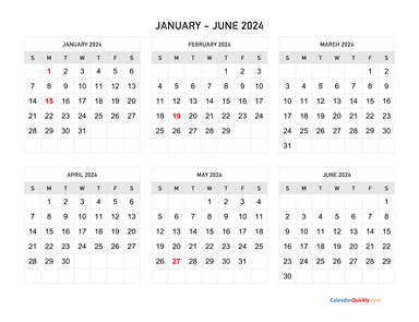 January to June 2024 Calendar Horizontal