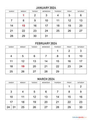 January to March 2024 Calendar Vertical
