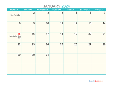 January Monday 2024 Calendar Printable