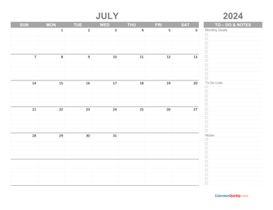 July 2024 Calendar with To-Do List