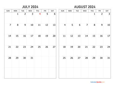 July and August 2024 Calendar Horizontal