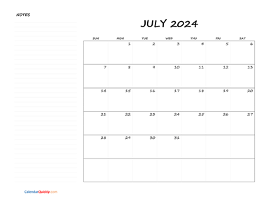 July Blank Calendar 2024 with Notes