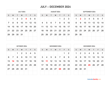 July to December 2024 Calendar Horizontal