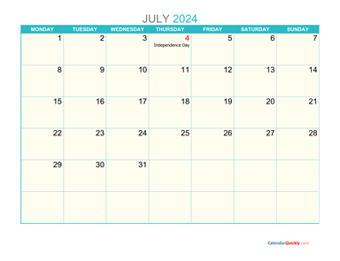 July Monday 2024 Calendar Printable