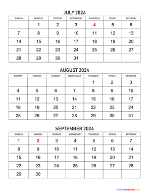 July to September 2024 Calendar Vertical