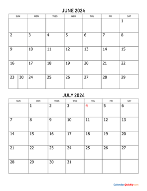 June and July 2024 Calendar Vertical