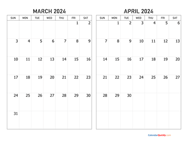 March and April 2024 Calendar Horizontal