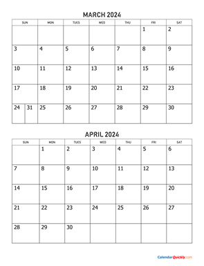 March and April 2024 Calendar Vertical