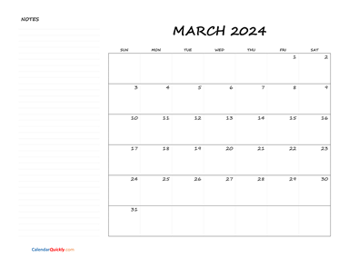March Blank Calendar 2024 with Notes