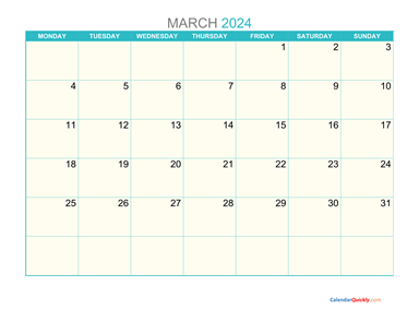 March Monday 2024 Calendar Printable