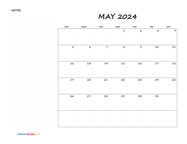 May Blank Calendar 2024 with Notes
