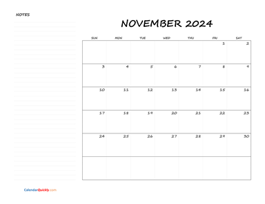 November Blank Calendar 2024 with Notes